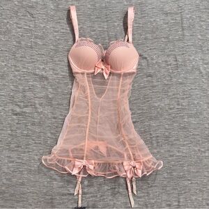 Victoria’s Secret Rhinestone Ruffle Mesh Babydoll Garter Lingerie Slip Dress 34B